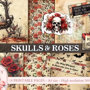 Skulls and Roses Halloween Junk Journal pages, Dark Spooky Halloween collage PRINTABLE Scrapbooking Digital Download Kit Journal paper craft