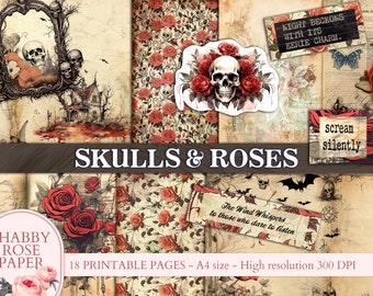 Crânios e rosas Páginas do Halloween Junk Journal, colagem Dark Spooky Halloween IMPRIMÍVEL Scrapbooking Digital Download Kit Journal paper craft