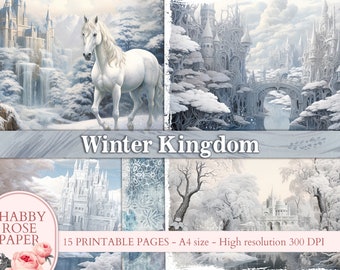 May include: A digital paper pack with 15 printable pages featuring a winter wonderland theme. The images include a white horse, a snow-covered castle, and a frozen forest. The text "Winter Kingdom" is displayed in the center of the image.