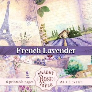Lavanda francesa. Kit de diario basura. Páginas vintage imprimibles. Diario de París. Papel digital. Páginas de lavanda moradas y florales. Scrapbooking