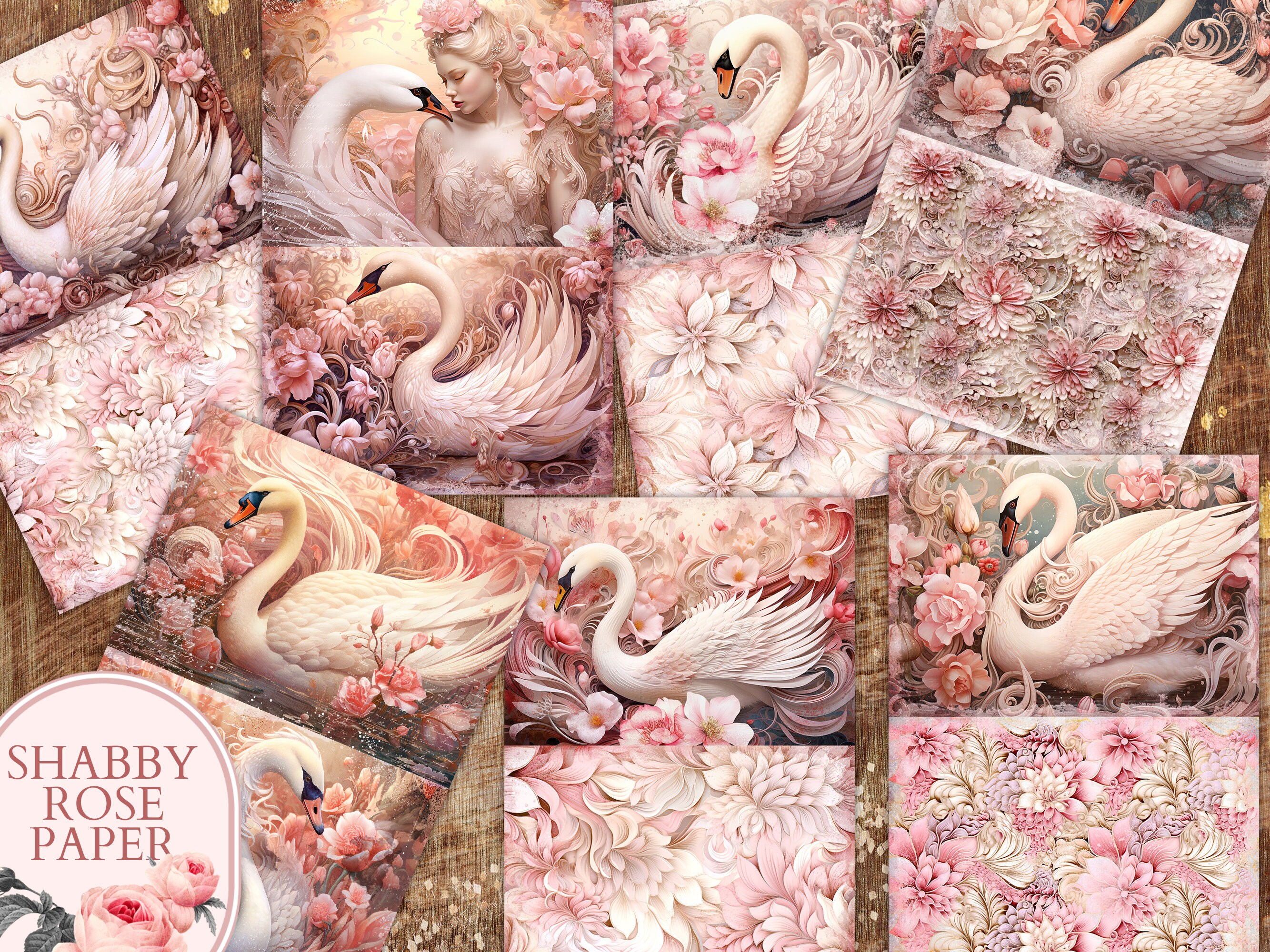 Pink Swan Rice Paper Fantasy Pink Swan Junk Journal Pages, Swan Pink and Beige Vintage ...