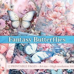 Páginas do Fantasy Butterfly Junk Journal, colagem de borboleta encantada azul e rosa PRINTABLES, kit de download digital de scrapbooking, papel de diário