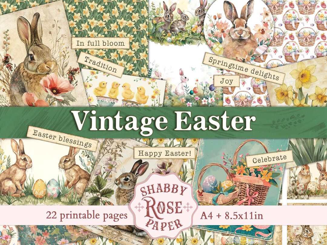 Vintage Easter Bunny Junk Journal Pages Cards Collage, Words Quotes ...