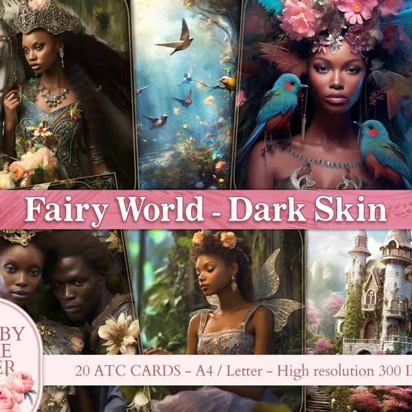 Fairy ATC, Dark Skin Fairy World, ATC Cards, Printable Cards, Junk Journal pages, Ephemera Scrapbook, Fairy Fantasy Collage, Magic Journal