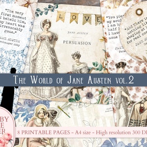 Jane Austen quotes vintage ephemera. Pride and Prejudice Emma Junk journal pages. English Victorian ephemera fashion Illustrations Printable