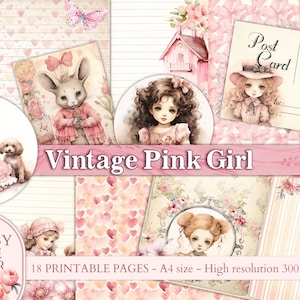 Vintage Pink Girl Junk Journal páginas collage papel IMPRIMIBLE. Scrapbooking Digital Download Kit Pink Doll papel digital Decoupage efímera