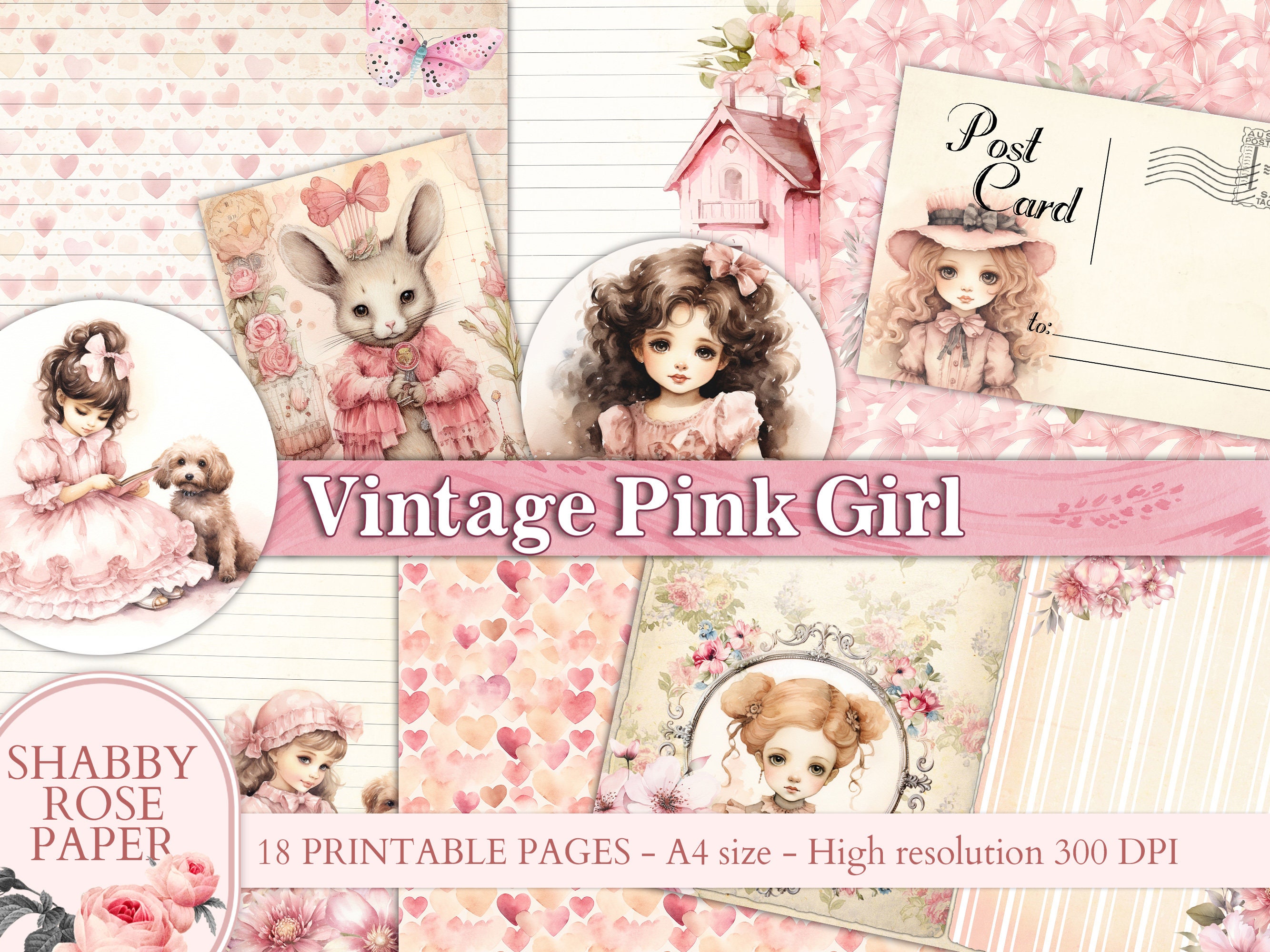 Vintage Pink Girl Junk Journal Pages Collage PRINTABLE Paper ...
