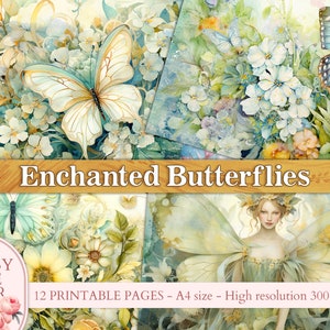 Fantasy Schmetterling Junk Journal Seiten, Blau und Grün verzauberte Schmetterling collage PRINTABLES, Scrapbooking Digital Download Journal Papier Kit