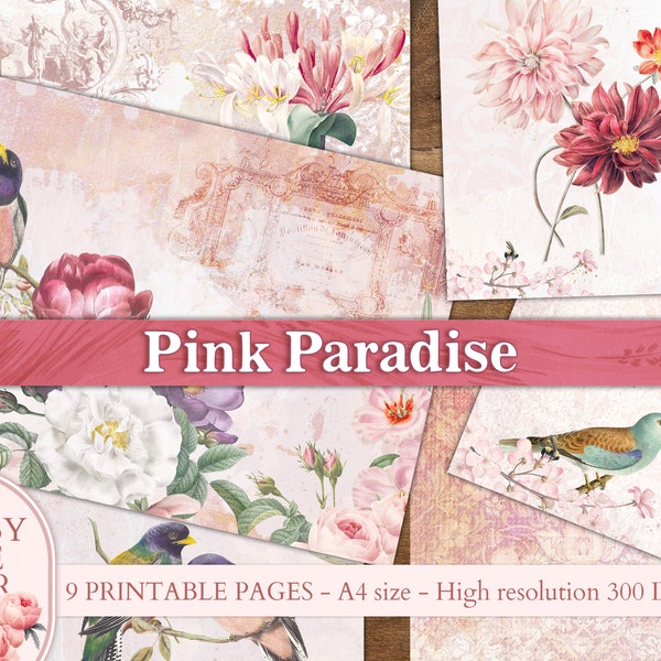 Blush pink Junk journal kit, Floral Digital Paper, Flowers, Birds and Butterflies Ephemera, Vintage botanical paper, Antique old sheets