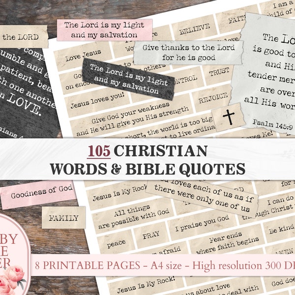 Christian Junk Journaling Words and Inspirational Bible Quotes. Positive words printable kit. Christian planner  Stickers Scrapbooking