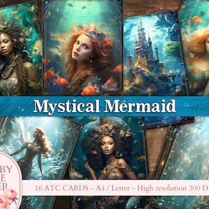 Carte Mermaid ATC, Ocean Mermaid World, carta Fantasy. Carte stampabili ATC, pagine Junk Journal, Ephemera Scrapbook, Marine Fantasy Collage