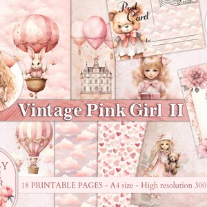 Vintage Pink Girl Junk Journal collage papel IMPRIMIBLE. Scrapbooking Digital Download Kit Pink Doll páginas digitales Decoupage ephemera