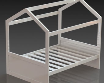 May include: A white wooden house-shaped bed frame. The frame features a slatted base and a roof-like structure. The bed frame is designed for a twin-sized mattress, approximately 75 inches long.