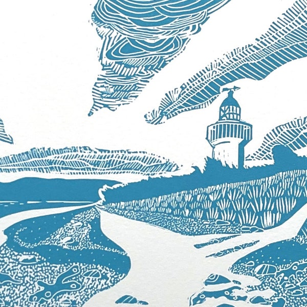 Lighthouse Lino Print of Scottish Coast at Chanonry Point on the Black Isle