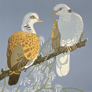 Pair of Turtle Doves Lino print called “Forsaking All Others”