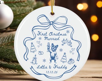 First Christmas Married Ornament, French Bulldog Ornament, Personalized First Anniversary Gift, Frenchie Lover Newlywed Gift,DogMom keepsake
