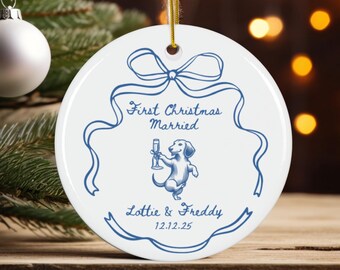 First Christmas Married Ornament, Dachshund Ornament, Personalized Wedding Anniversary Gift, Weiner Lover Newlywed Gift, DogMom keepsake