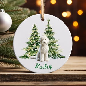 May include: White ceramic Christmas ornament featuring a white dog in front of two green Christmas trees. The dog's name, "Bailey", is written in green script below. The ornament hangs from a natural twine string.