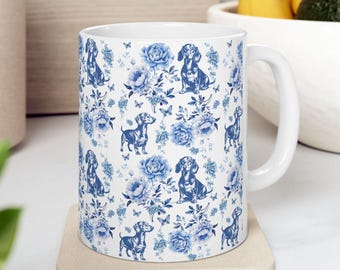 Dachshund French Blue Toile De Jouy Mug, Blue Toile De Jouy Wiener Gift, Dachshund Ceramic Coffee Mug, Doxie Mom Mug, Sausage Dog Lover Gift