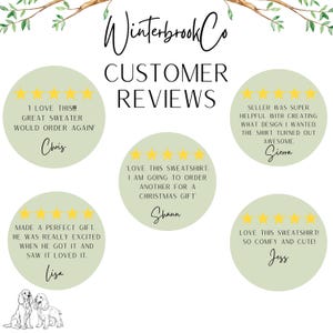Puede incluir: Imagen con rese&ntilde;as de clientes para Winterbrook Co. Las rese&ntilde;as se muestran en c&iacute;rculos verdes con valoraciones de estrellas doradas. El texto incluye frases como "Me encanta esta sudadera" y "Un regalo perfecto".