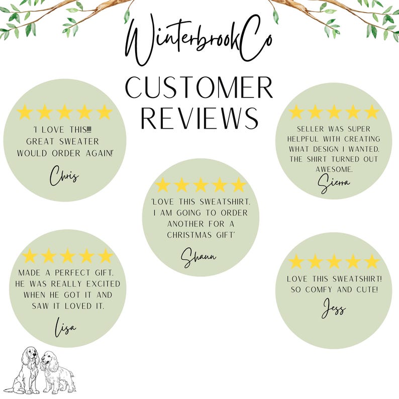 Puede incluir: Imagen con rese&ntilde;as de clientes para Winterbrook Co. Las rese&ntilde;as se muestran en c&iacute;rculos verdes con valoraciones de estrellas doradas. El texto incluye frases como "Me encanta esta sudadera" y "Un regalo perfecto".