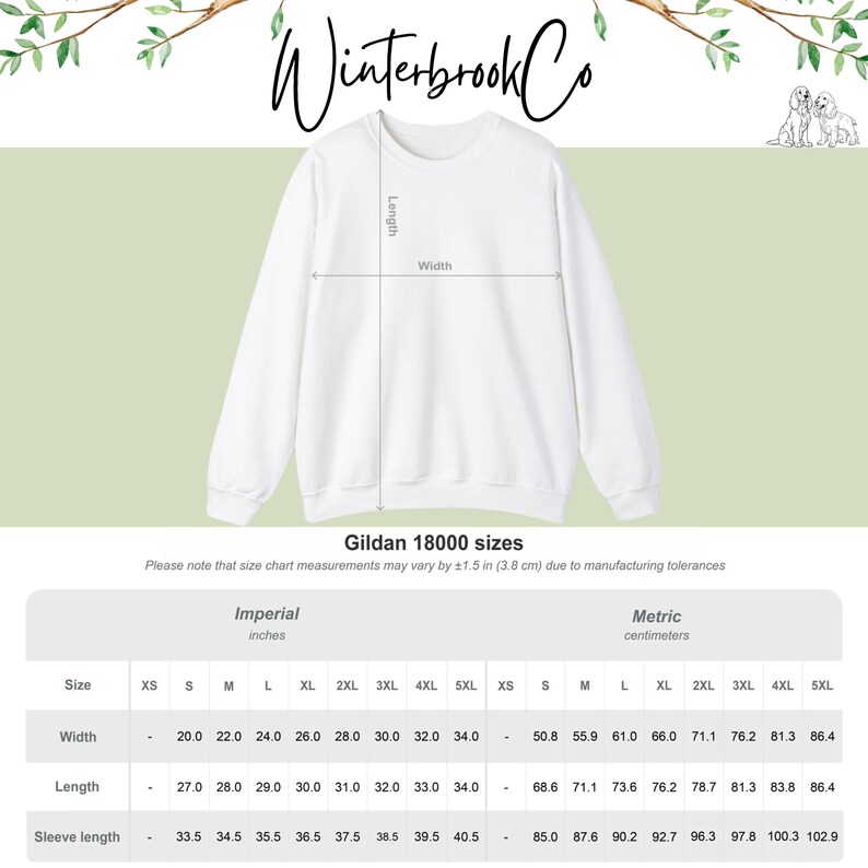 May include: A white Gildan 18000 sweatshirt with a crew neck. The image includes a size chart with measurements in inches and centimetres. The text "Winterbrook Co" is at the top of the image.