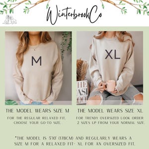 May include: Two beige sweatshirts, one labeled "M" and the other "XL", are displayed. Text below each image explains sizing for a relaxed or oversized fit. The model is 5'10" (178cm) and wears a size M for a relaxed fit.