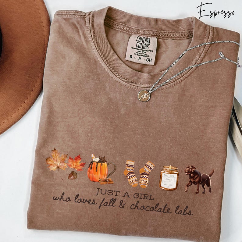 Puede incluir: Camiseta color espresso con el texto "JUST A GIRL who loves fall & chocolate labs". La camiseta presenta gr&aacute;ficos con tem&aacute;tica oto&ntilde;al que incluyen hojas, una taza de calabaza, calcetines, un tarro y un perro labrador chocolate.