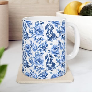 Dachshund French Blue Toile De Jouy Mug, Blue Toile De Jouy Wiener Gift, Dachshund Ceramic Coffee Mug, Doxie Mom Mug, Sausage Dog Lover Gift