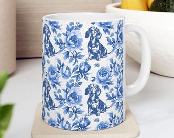 Dachshund French Blue Toile De Jouy Mug, Blue Toile De Jouy Wiener Gift, Dachshund Ceramic Coffee Mug, Doxie Mom Mug, Sausage Dog Lover Gift