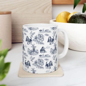 Basset Hound Toile De Jouy Mug, French Blue Toile Basset Hound Gift, Hound Dog Lover Ceramic Coffee Cup, Basset Dog Gift Mom Chinoiserie Mug