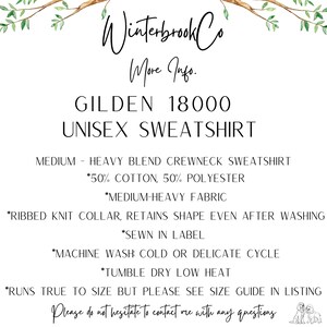 May include: A white background displays text detailing a Gildan 18000 Unisex Sweatshirt. Information includes fabric blend, washing instructions, and sizing advice. The brand name "Winterbrook Co" is at the top.