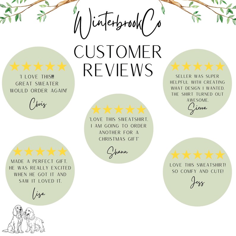 May include: An image featuring customer reviews for Winterbrook Co. The reviews are displayed in green circles with gold star ratings. Text includes phrases like "Love this sweatshirt!" and "Made a perfect gift." Two dog illustrations are at the bottom.
