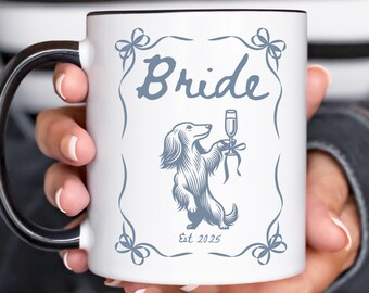 Custom Bride Mug, Long Haired Dachshund Bride To Be Gift, Bow Weiner Coffee Cup, Custom Doxie Lover Wedding Gift, Dog Lover Engagement Gift