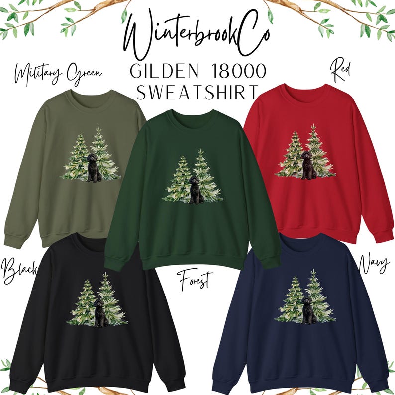 May include: A selection of sweatshirts in military green, forest green, red, black, and navy blue. Each sweatshirt displays a graphic of a black dog and two Christmas trees. The text "Winterbrook Co" and "GILDEN 18000 SWEATSHIRT" are at the top.