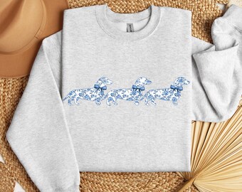 Dachshund Sweatshirt, Weenie French Blue Toile De Jouy Bow Sweater, Weiner Chinoiserie Floral Dog Mom Crewneck,  Sausage Dog Fur Mama