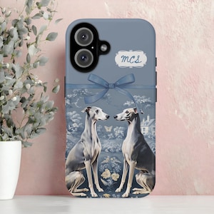 Greyhound Toile De Jouy iPhone Case, Custom Initial Grey Hound iPhone 16,15, 14, 13 Pro Max Plus Case, Greyhound Dog Lover Case Gift