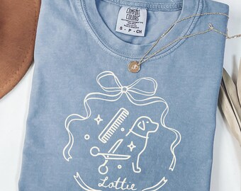 Custom Dog Grooming Shirt, Dog Groomer Bow Work Shirt, Comfort Colors® Pet Groomer Coquette T-Shirt, Gift For Dog Groomer, Pet Stylist Tee