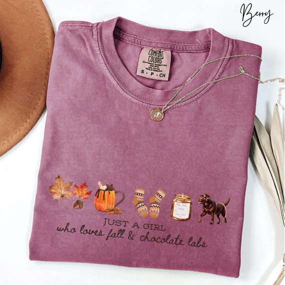 Chocolate Labrador Just a Girl who loves Fall Shirt, Chocolate Lab Cozy Season Fall Vibes Comfot Colors Tee, Autumn Fall Icon Pumpkin Shirt