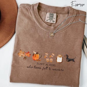 May include: Espresso-colored Comfort Colors t-shirt with a graphic design featuring fall leaves, a pumpkin spice latte, socks, a candle, and a dachshund. The text reads "Just a girl who loves fall & weiners."