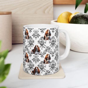 Basset Hound Toile De Jouy Mug, French Black Toile Basset Hound Gift, Hound Dog Lover Ceramic Coffee Cup, Basset Mom Gift Chinoiserie Mug