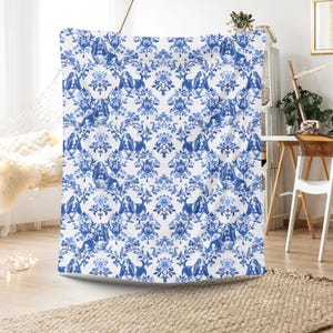 Basset Hound Blue French Toile De Jouy Blanket, Basset Hound Dog Blue Toile Pet Throw Gift, Basset Dog Lover Velveteen Blanket Mom Gift