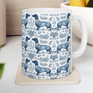 Dachshund French Blue Toile De Jouy Mug, Blue Toile De Jouy Wiener Gift, Dachshund Ceramic Coffee Mug, Doxie Mom Mug, Sausage Dog Lover Gift