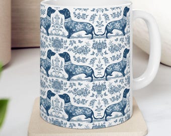 Dachshund French Blue Toile De Jouy Mug, Blue Toile De Jouy Wiener Gift, Dachshund Ceramic Coffee Mug, Doxie Mom Mug, Sausage Dog Lover Gift