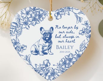 May include: Heart-shaped ceramic ornament with a blue and white floral design. A blue illustration of a French Bulldog is centered, with the name "BAILEY" and dates 2010-2025 below the dog. The text reads "No longer by our side, but always in our heart."