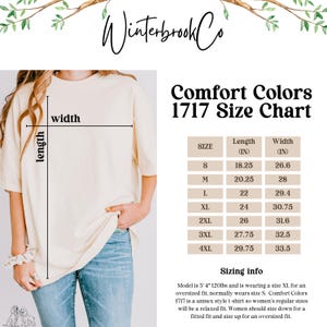 May include: Cream-colored Comfort Colors 1717 t-shirt size chart. The chart lists sizes S to 4XL with length and width measurements in inches. The image includes the brand name "Winterbrook Co" and sizing information.