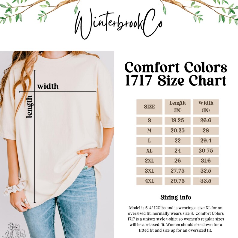 May include: Cream-colored Comfort Colors 1717 t-shirt size chart. The chart lists sizes S to 4XL with length and width measurements in inches. The image includes the brand name "Winterbrook Co" and sizing information.