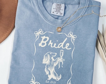 Custom Bride Shirt, Long Haired Dachshund Bride To Be Gift, Bow Weiner Comfort Colors Shirt, Doxie Dog Lover Wedding Gift, Honeymoon Shirt