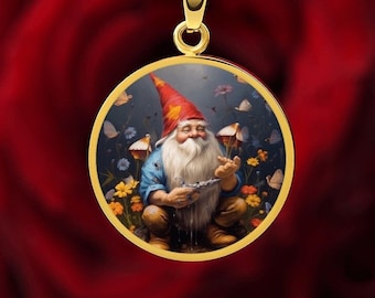 Personalized Gnomes Necklace Gnome Christmas Birthday Gift Gold Glass Pendant Cute Gnomes Jewelry with Butterflies & Flowers Girl