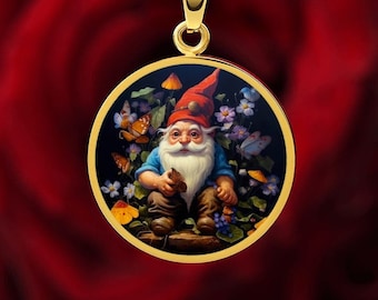 Customizable Gnomes Necklace Christmas Birthday Gift Gold Glass Pendant Cute Jewelry Gnome with Butterflies & Flowers Girl Friend Gift
